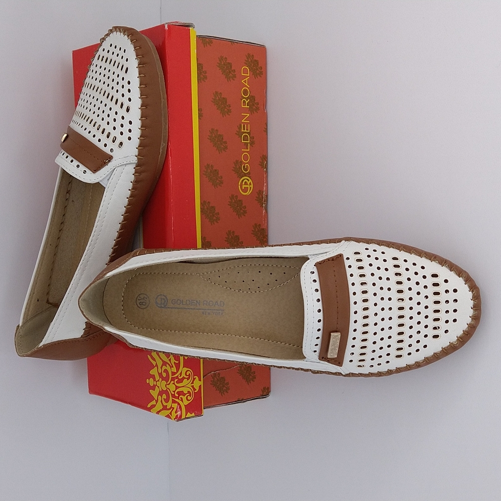 Women’s White & Brown Perforated Loafers